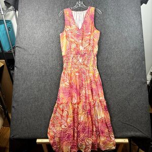 Ramy Brook Dress Women's Large Orange Pink Palm Tropical Tiered Smocked Silk